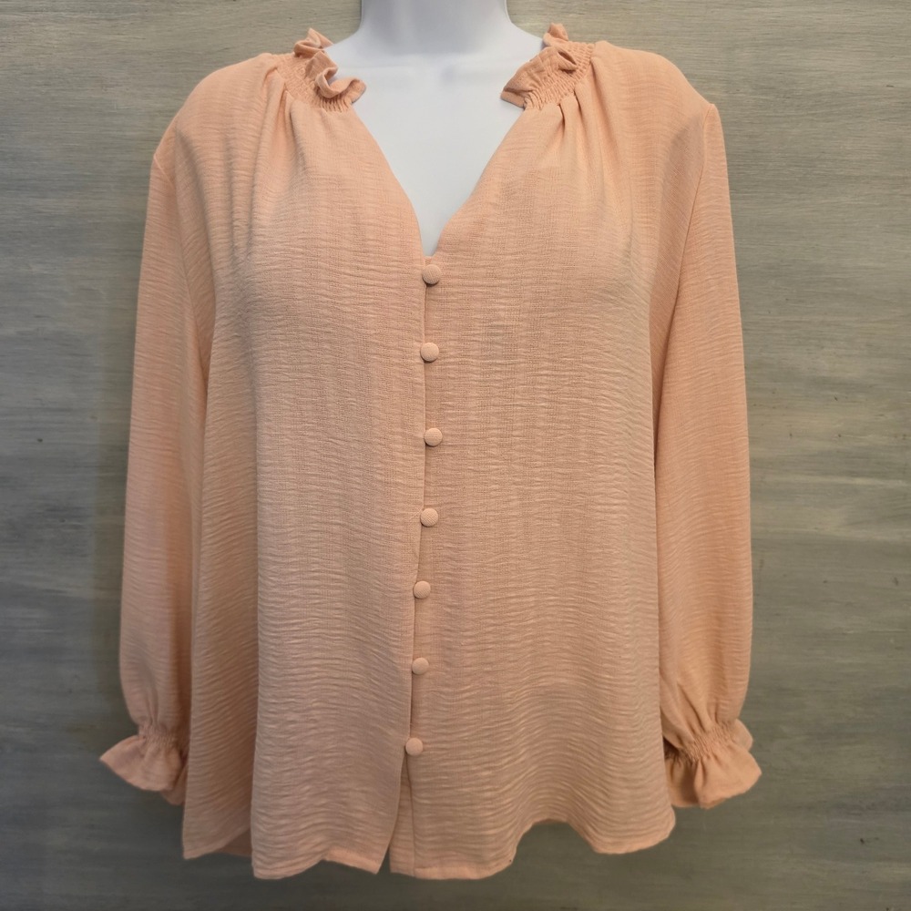 Entro Apricot Ruffle Slit Collar‎ Vneck Button Down Blouse Size Large GC